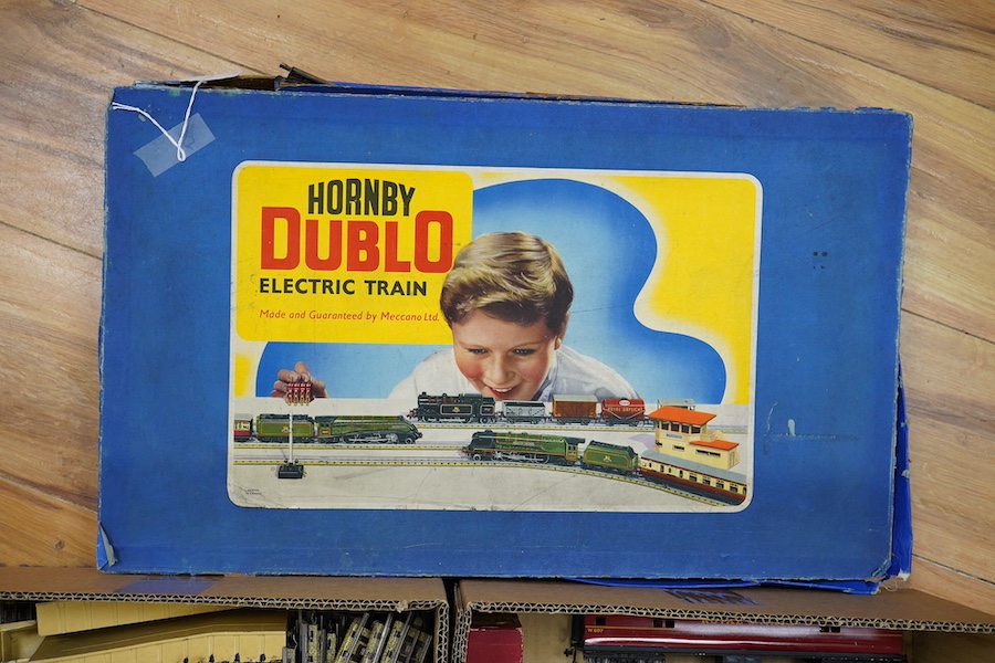 A collection of Hornby Dublo model railway for 3-rail running, including a boxed EDP12 Passenger Train set comprising a Coronation Class Duchess of Montrose locomotive, two bogie coaches, etc., together with eleven addit